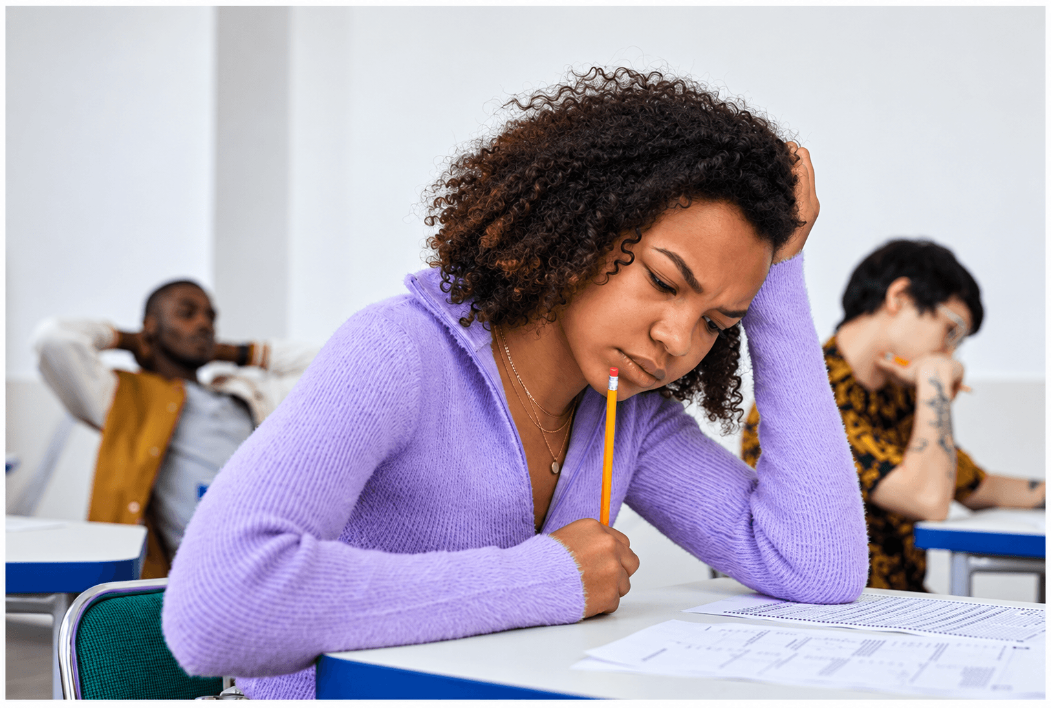 A student looking stressed while sitting an exam